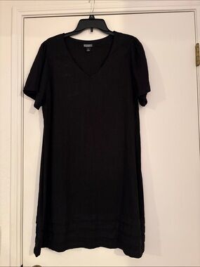 Essentials Black V-Neck Linen Dress with pleated bottom